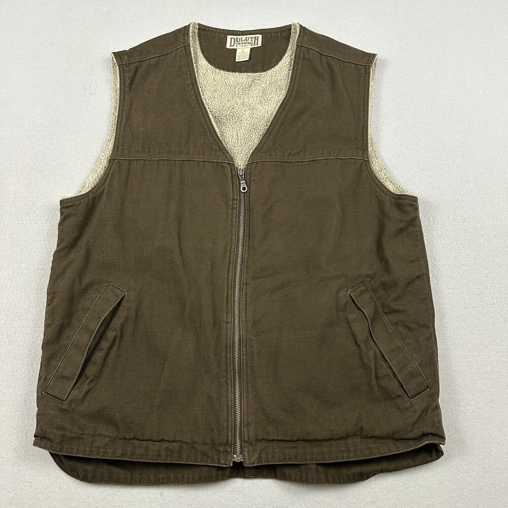 Duluth Vest Men Large Brown Solid Full Zip Jacket Fleece Lining Outdoor Pocket L